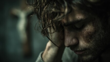 Emotional portrait of a pensive young man with messy hair, somber expression, and scars, reflecting contemplation and inner struggles in a dramatic setting.