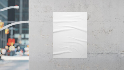White poster on urban building wall with street view around the corner, perfect for advertisement,...