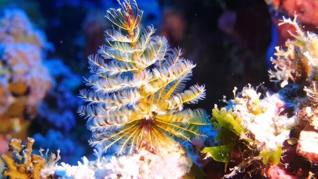 Close-up of a colorful Spirobranchus giganteus, commonly known as Christmas tree worm, in vibrant reef environment