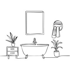 Minimalist one-line drawing of a bathroom interior with a bathtub, potted plant, towel rack