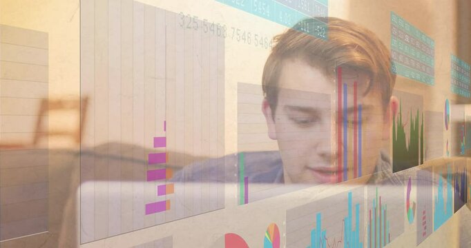 Data analyst swiping touchpad causing bar charts transforming into area trend line analyzing trends