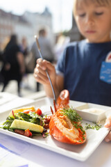 Family with children, having lunch in a restaurant in Coppenhagen, eating local fish and lobster thermidor with salad and fries