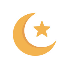 Crescent moon and star icon in flat design style. A common symbol representing Islam, often associated with night, spirituality, Ramadan, and Islamic culture. Simple and modern vector illustration.