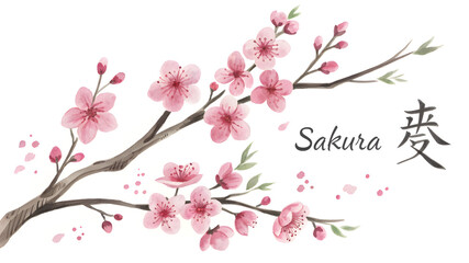 Naklejka premium Card with blossoming oriental cherry branch in traditional japanese sumi-e style. Hieroglyph