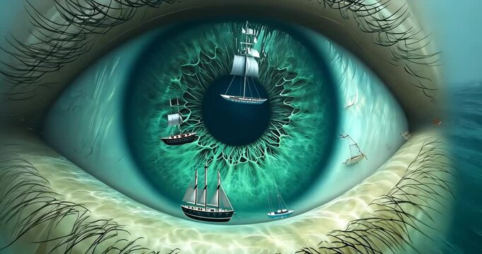 A large eye with a ship sailing in its pupil, creating a surreal and dreamlike scene.