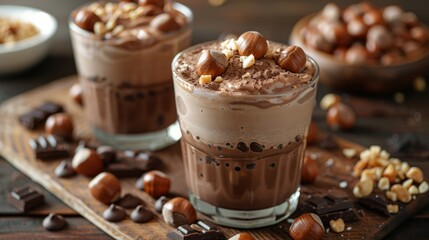 An enticing view of luxurious chocolate desserts topped with hazelnuts and cocoa, presenting a rich and indulgent treat perfect for satisfying your sweet cravings.
