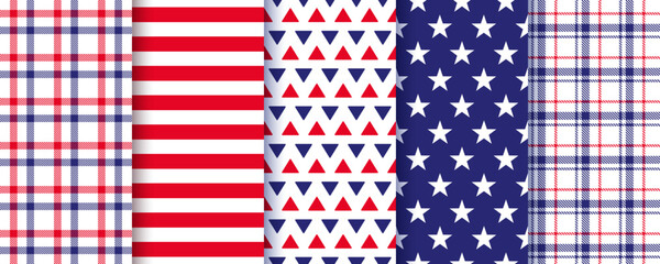 Fototapeta premium 4th July seamless background. American patriotic patterns with stars stripes. America independence textures. Set of abstract geometric prints. Blue red wallpapers. Vector illustration.