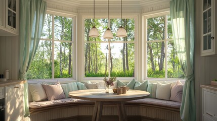 Fototapeta premium Cozy kitchen nook with built-in seating around oval window, forest views, pastel curtains, round wooden table, and warm pendant lighting for dining and morning coffee