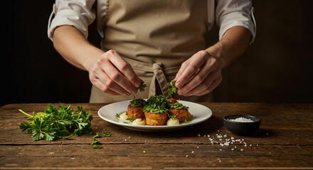 Chef garnishing plated dish with herbs on wooden table  
