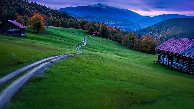 Serene Autumnal Landscape: Winding Road Through Alpine Meadows