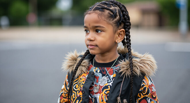 Young girl with braids wearing a colorful jacket outdoors  