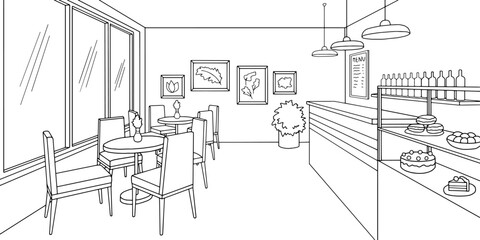 Cafe interior graphic black white sketch illustration vector 
