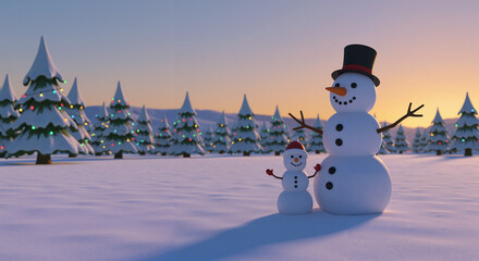 Obraz premium Snowmen standing in winter landscape with decorated pine trees 