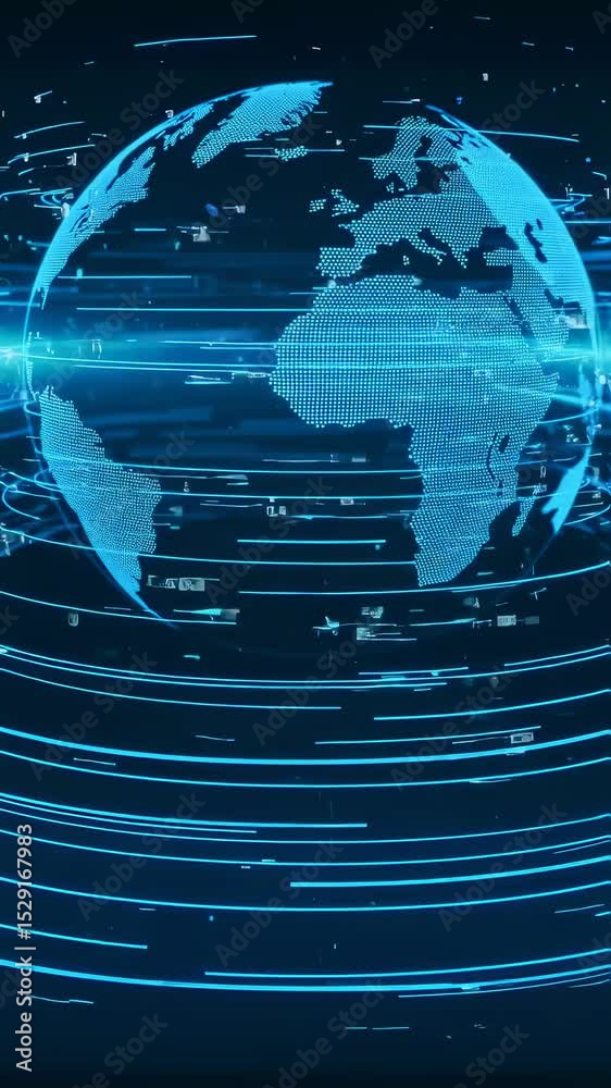 Poster blue digital globe rotating with flowing data streams displayed for vertical use, perfect for visual