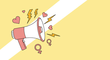 Colorful megaphone with lightning and heart symbols on yellow background  