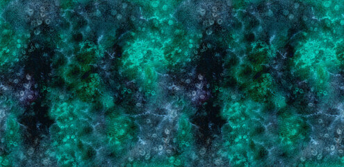 Dark cosmic nebula texture green, blue and black gradient watercolor seamless pattern. Abstract watercolour vibrant aurora borealis stars sky textured print for textile, outer space surface design