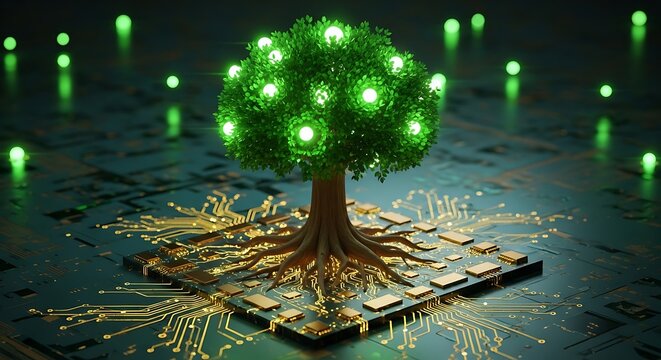Digital tree growing on a circuit board environmental technology concept