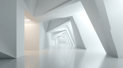 Fototapeta premium Minimalist white office with abstract geometric shapes and soft lighting, embodying modern simplicity and creative elegance