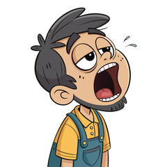 Create a whimsical illustration of a tired cartoon character with prominent dark eye bags, yawning widely, showing exhaustion.  Include expressive details.