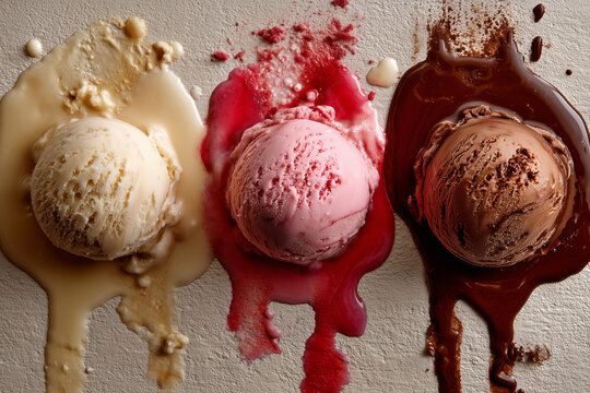 Three ice creams are melting on the beach.