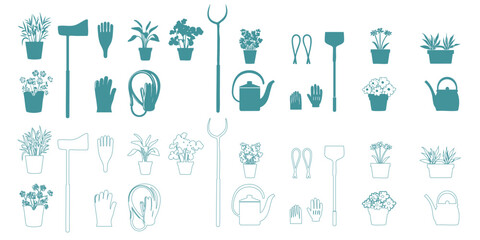 Set of illustrations of ornamental plants and gardens such as flower pots, soil shovels, water hoses and water sprinklers.
