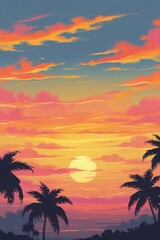 Vibrant Tropical Sunset with Palm Trees and Orange Sky, Generated AI