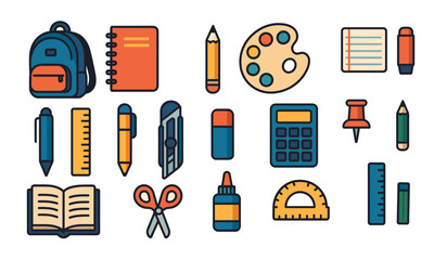 Flat-style vector icons of school supplies including backpack, notebook, pencil, ruler, glue, scissors, calculator, protractor, and more. Perfect for educational content, back-to-school designs, stude