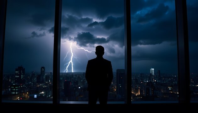 Man silhouette looking at lightning storm over city skyline from window high rise view - Powered by Adobe