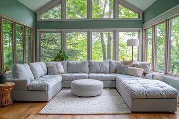Fototapeta premium Large light gray fabric corner sofa with ottoman in sunroom featuring wooden floors, greenish-blue walls, white rug, side tables, lamps, and window view of trees