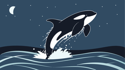 Fototapeta premium Orca Whale Leaping Ocean Night Sky Stars Moon killer whale