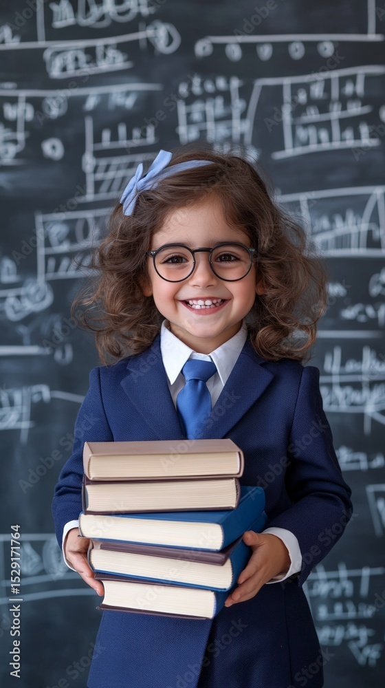 Poster happy elementary school student wearing eyeglasses and formal uniform holding a stack of books, smil