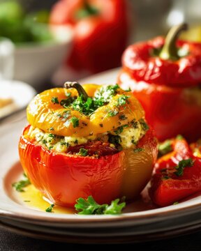 closeup shot ready to serve rocoto relleno on plate shallow  warm natural lighting studio background