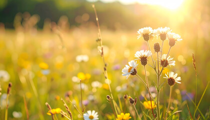 Serene sunrise over wildflower field with soft light and warm hues
