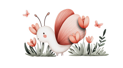 Delightful Watercolor Illustration Featuring a Cute Butterfly Surrounded by Pink Flowers in a Serene Garden Setting