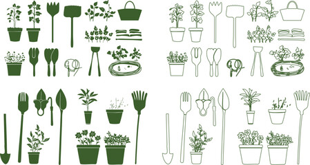 Set of illustrations of ornamental plants and gardens such as flower pots, soil shovels, water hoses and water sprinklers.