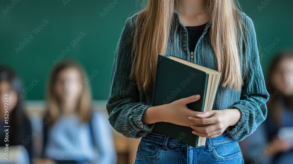 Poster high school student holding a book in a classroom, standing in front of a chalkboard with other blur
