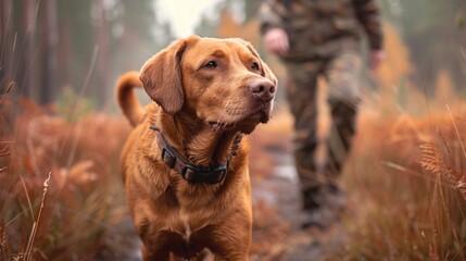 A charming Labrador dog walking through a picturesque forest trail, embodying loyalty and companionship while exploring the beauty of nature during autumn.