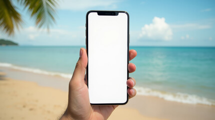 Male hand holding smartphone with white display against tropical beach with turquoise sea