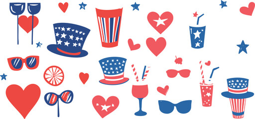 Vector bundle of 4th of July icons including American flags, bald eagles, beer glasses, patriotic hats, and fireworks. Designed for fun and freedom-themed designs, marketing, and event branding.