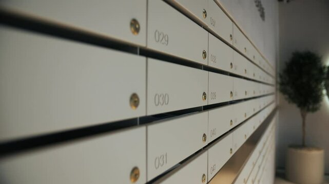 Wall of numbered mailboxes in modern building