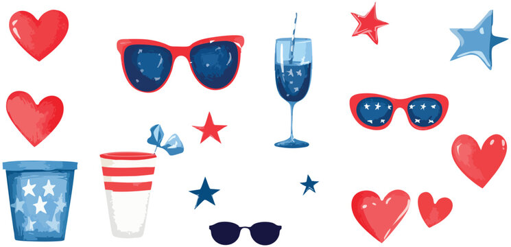 Independence Day vector pack featuring decorative icons like the American flag, firework bursts, stylish sunglasses, Uncle Sam’s top hat, eagles, and beer. Perfect for creating a cheerful celebration 