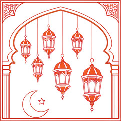 Minimalist Illustration of Orange Lanterns Hanging from Arches in Arabic Style