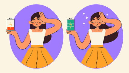 Burnout and low energy concept. Sad tired and cheerful energetic woman with full and low charge battery. Cartoon isolated vector illustration.