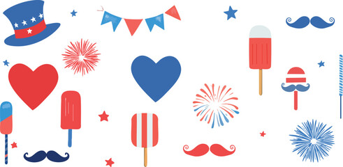 Celebrate America with this vector collection of patriotic elements like Uncle Sam’s hat, firecrackers, glasses, beer mugs, and flags. Ideal for festive merchandise, ads, and digital decoration.
