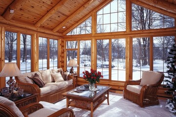 Fototapeta premium Cozy log cabin sunroom with light pine wood panel ceiling and walls, large panoramic windows, sofa, chairs, coffee table, lamps, and tulip vase in winter setting