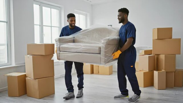 Moving helpers unpacking boxes