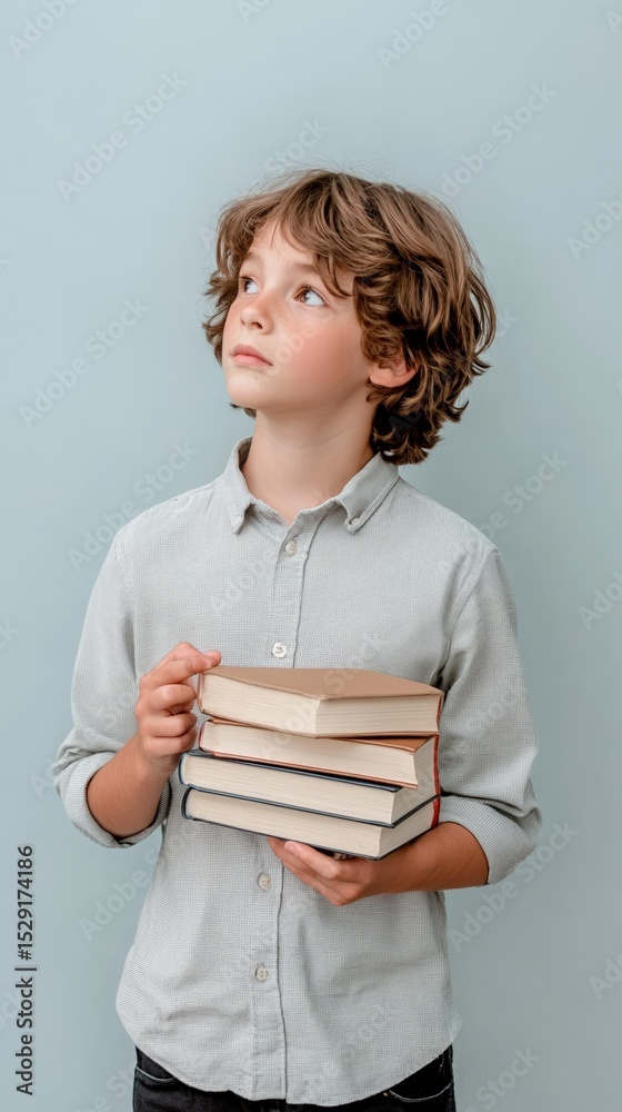 Poster elementary school student holding books and looking upward with pensive expression, ready for learni
