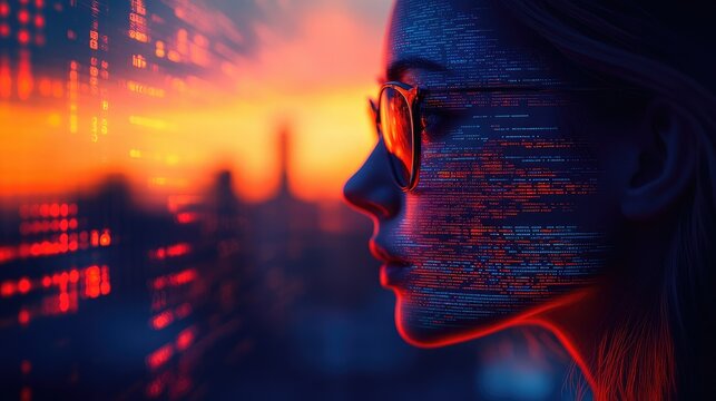 A woman gazes at a digital sunset