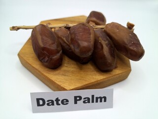 Date palm fruit on wooden serving board. Date palm fruits, or simply dates, are the oval-shaped, sweet, edible fruit of the date palm tree (Phoenix dactylifera)
