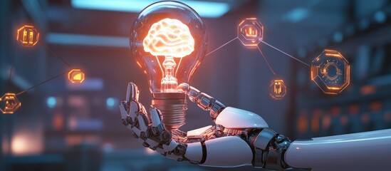Futuristic robot arm holding lightbulb with glowing brain, futuristic interface